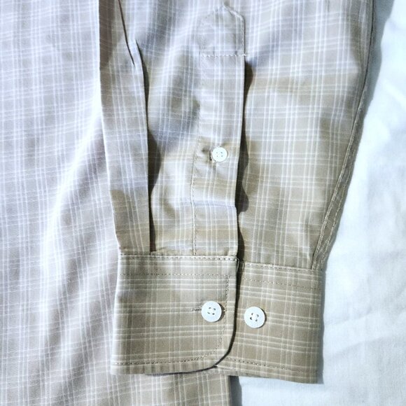 Arnold Palmer Plaid Shirt Men's Large 16.5 Long Sleeve Button Down Tan and White - Picture 7 of 10